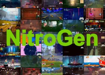 تصویرسازی مفهومی پروژه NitroGen با نمایش نام NitroGen به رنگ سبز روی کولاژی از نماهای گیم‌پلی متنوع از بازی‌های مختلف، همراه با آیکون‌های کنترلر، نماد استفاده از هوش مصنوعی برای یادگیری و اجرای اکشن در چندین بازی و ژانر مختلف