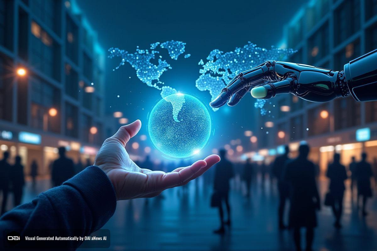 تصویر مفهومی از تعامل دست رباتیک و دست انسان با یک کره زمین دیجیتالی درخشان.