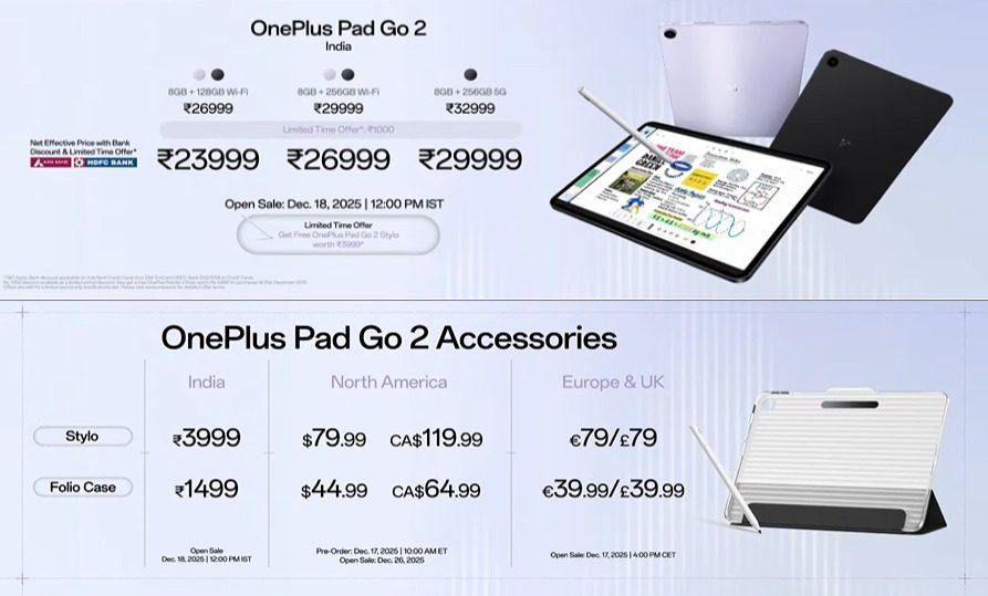 اینفوگرافیک لیست قیمت و تاریخ عرضه تبلت OnePlus Pad Go 2 و لوازم جانبی آن برای هند، اروپا و آمریکا.