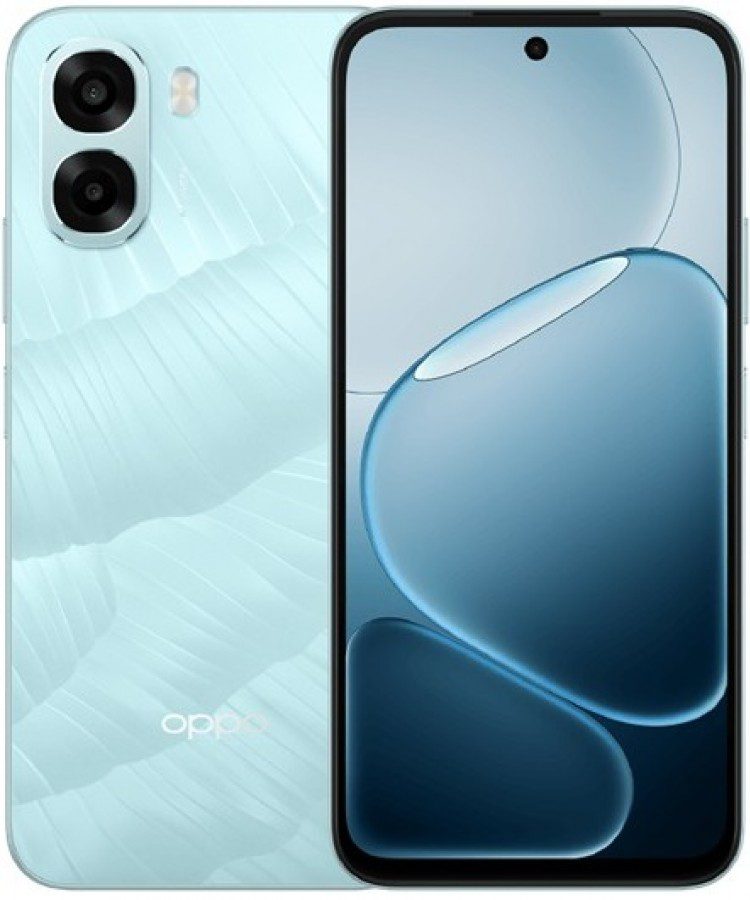 نمای پشت و جلوی گوشی هوشمند اوپو (Oppo) با رنگ آبی روشن و طراحی موج‌دار در قاب پشتی.