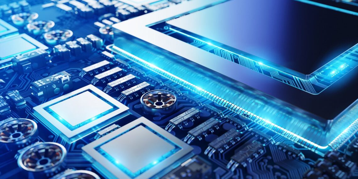 نمای نزدیک و انتزاعی از یک برد مدار چاپی (PCB) با تراشهها و نورپردازی آبی درخشان.