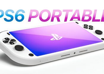 رندر مفهومی کنسول دستی «PS6 Portable» با طراحی سفید، نمایشگر بزرگ لمسی، آنالوگ‌ استیک‌ ها و دکمه‌ های کلاسیک پلی‌ استیشن، مرتبط با گمانه‌ زنی‌ ها درباره آینده کنسول‌ های دستی سونی