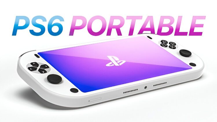 رندر مفهومی کنسول دستی «PS6 Portable» با طراحی سفید، نمایشگر بزرگ لمسی، آنالوگ استیک ها و دکمه های کلاسیک پلی استیشن، مرتبط با گمانه زنی ها درباره آینده کنسول های دستی سونی