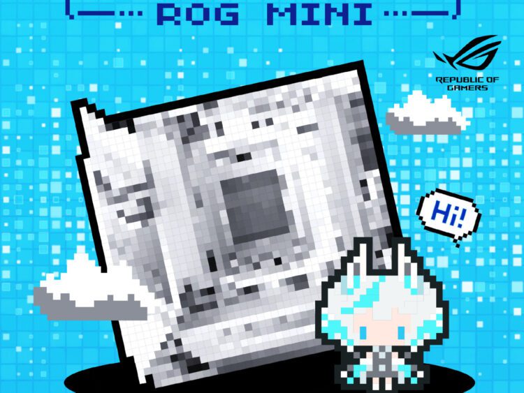 تیزر پیکسلی معرفی مادربرد سفید ROG Mini ایسوس با متن چینی.