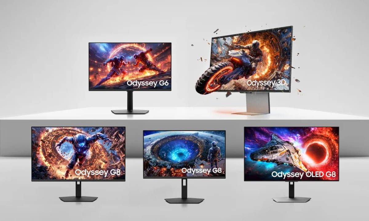 مجموعه مانیتورهای گیمینگ سامسونگ سری Odyssey شامل مدل‌های G6، G8، OLED G8 و 3D با طراحی مدرن و نمایش افکت‌های بصری فانتزی