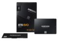 تصویر تبلیغاتی حافظه SSD سامسونگ مدل 870 EVO شامل جعبه ۴ ترابایتی، خود درایو و دفترچه راهنما.