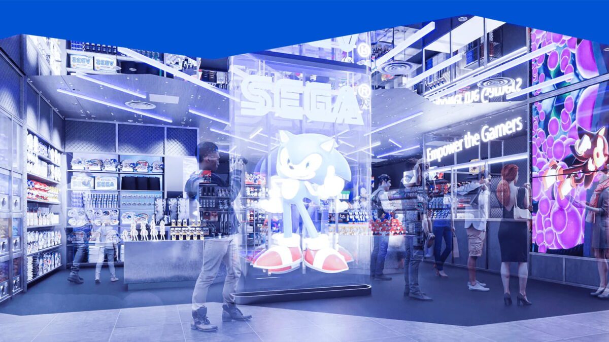 تصویری مونتاژ شده از محصولات و آیتم‌های برند سگا مثل سونیک در غرفه یک نمایشگاه
