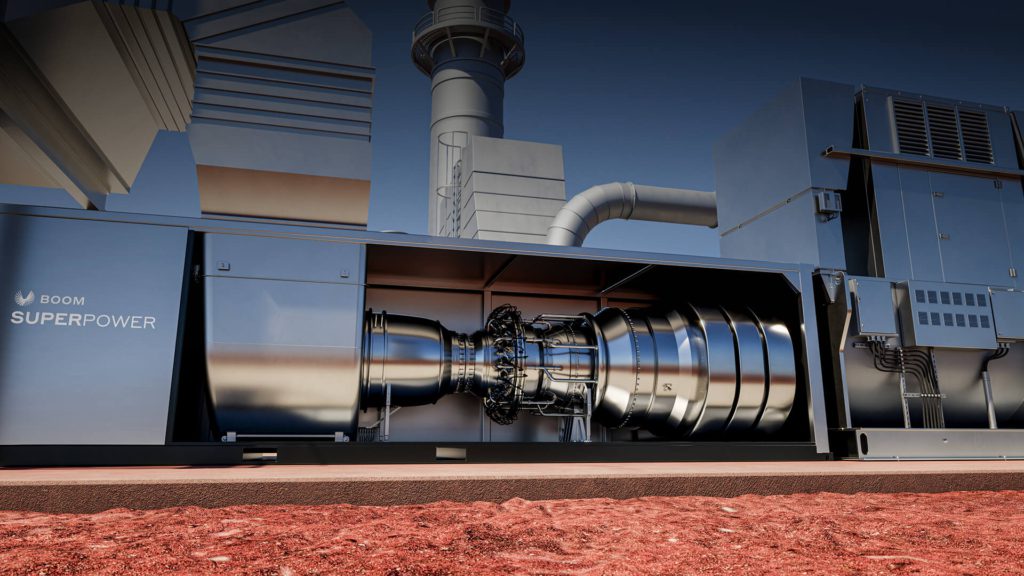 تصویر توربین بزرگ فلزی با برند "Boom Superpower" که برای تامین انرژی دیتاسنترهای هوش مصنوعی طراحی شده است.