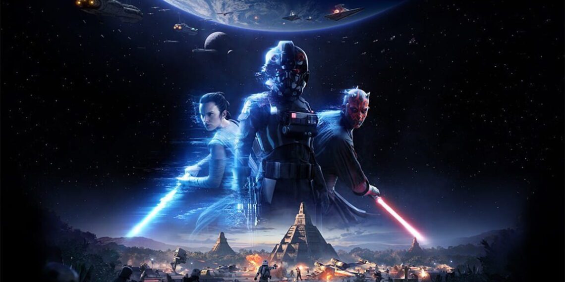 آرت‌ورک قدیمی‌تر بازی Star Wars Battlefront 2 (نسخه ۲۰۰۵) که نبردی حماسی بین کلون تروپرها و درویدها را در محیطی داخلی نشان می‌دهد، شامل سفینه‌های جنگی فضایی، انفجارها و درگیری‌های شدید با استفاده از شمشیرهای نوری و بلسترهای لیزری