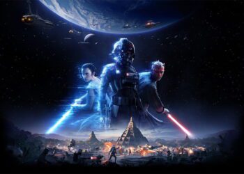 آرت‌ورک قدیمی‌تر بازی Star Wars Battlefront 2 (نسخه ۲۰۰۵) که نبردی حماسی بین کلون تروپرها و درویدها را در محیطی داخلی نشان می‌دهد، شامل سفینه‌های جنگی فضایی، انفجارها و درگیری‌های شدید با استفاده از شمشیرهای نوری و بلسترهای لیزری