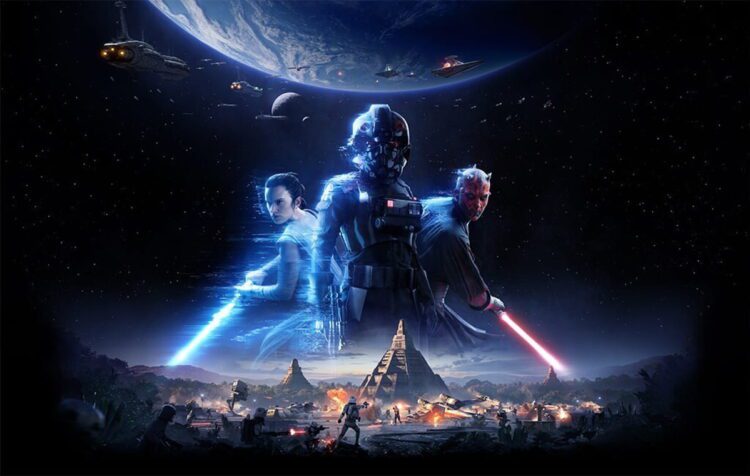 آرت‌ورک قدیمی‌تر بازی Star Wars Battlefront 2 (نسخه ۲۰۰۵) که نبردی حماسی بین کلون تروپرها و درویدها را در محیطی داخلی نشان می‌دهد، شامل سفینه‌های جنگی فضایی، انفجارها و درگیری‌های شدید با استفاده از شمشیرهای نوری و بلسترهای لیزری
