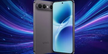 نمای جلو و پشت گوشی ویوو X300 FE به رنگ خاکستری تیره با ماژول دوربین افقی.