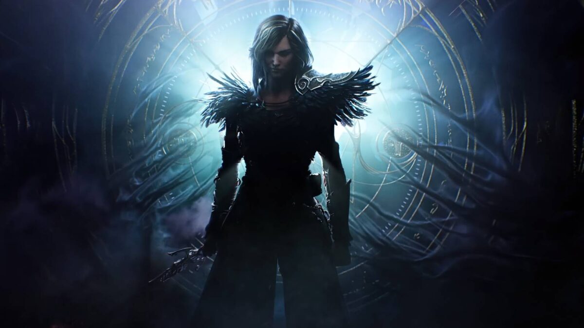 شخصیت وارلاک در دنیای Dungeons & Dragons با زره تیره و شانه‌های پرمانند، ایستاده در برابر ساختاری جادویی و نور آبی اسرارآمیز