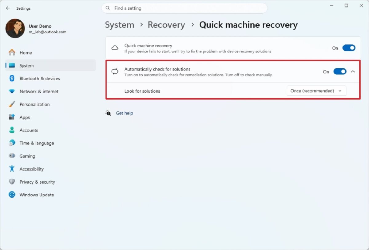 پیکربندی جدید Quick Machine Recovery