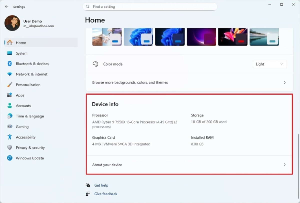 کارت Device info در Settings Home