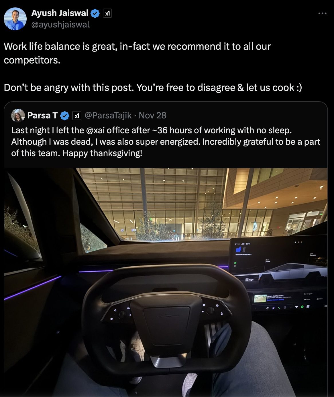 اسکرینشات پستی در شبکه اجتماعی X درباره کار ۳۶ ساعته بدون وقفه یکی از کارمندان شرکت xAI.
