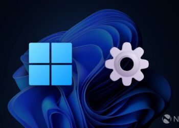 تصویر گرافیکی مفهومی از Windows 11 شامل لوگوی ویندوز و آیکون تنظیمات (چرخ‌دنده) روی پس‌زمینه انتزاعی آبی، با تمرکز بر مفاهیم تعمیر و پیکربندی سیستم.