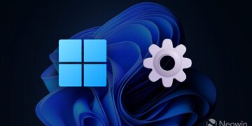 تصویر گرافیکی مفهومی از Windows 11 شامل لوگوی ویندوز و آیکون تنظیمات (چرخ‌دنده) روی پس‌زمینه انتزاعی آبی، با تمرکز بر مفاهیم تعمیر و پیکربندی سیستم.