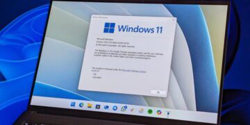 نمای یک لپتاپ در حال اجرای سیستمعامل Windows 11، نمایش پنجره About Windows شامل نسخه سیستمعامل، شماره بیلد و اطلاعات لایسنس، با پسزمینه پیشفرض موجی ویندوز