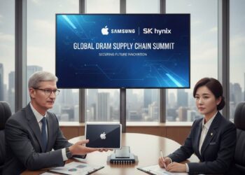 تصویر ساخته شده با هوش مصنوعی از مدیران اپل در حال مذاکره با سامسونگ و اسکی هاینیکس برای تأمین حافظه.