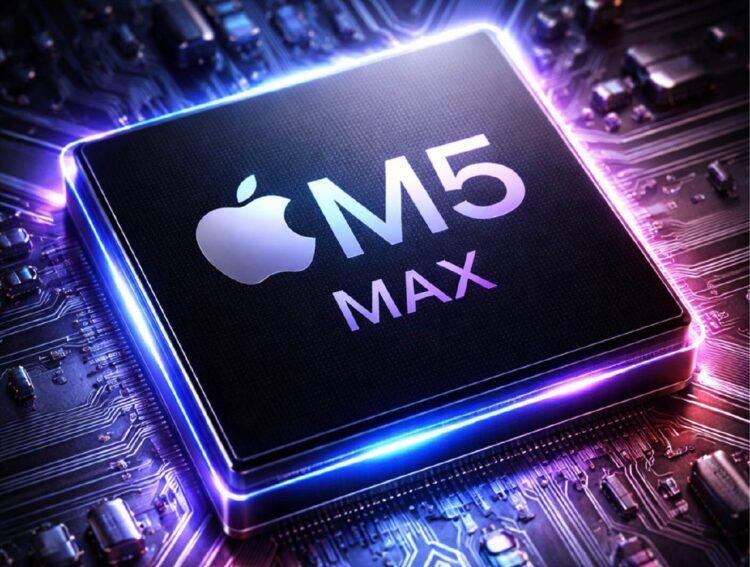 تصویر گرافیکی پردازنده Apple M5 Max با نورپردازی بنفش روی برد اصلی.