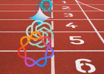 نمادهای گرافیکی مدل‌های مختلف هوش مصنوعی روی خط استارت یک پیست دو و میدانی.