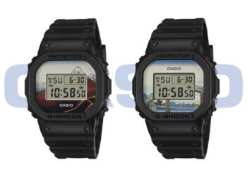 نمای مقایسهای دو ساعت Casio G‑Shock DW‑5600 با قاب مربعی مشکی و صفحههای دیجیتال با طرحهای الهامگرفته از مناظر و هنر سنتی ژاپن