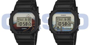 نمای مقایسهای دو ساعت Casio G‑Shock DW‑5600 با قاب مربعی مشکی و صفحههای دیجیتال با طرحهای الهامگرفته از مناظر و هنر سنتی ژاپن