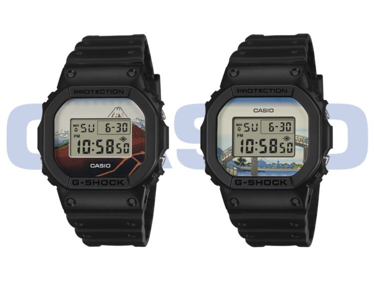 نمای مقایسه‌ای دو ساعت Casio G‑Shock DW‑5600 با قاب مربعی مشکی و صفحه‌های دیجیتال با طرح‌های الهام‌گرفته از مناظر و هنر سنتی ژاپن