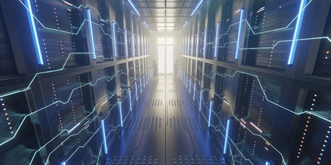 نمای داخلی از یک راهروی طولانی در یک دیتاسنتر مدرن با نورپردازی‌های آبی و خطوط دیجیتالی.