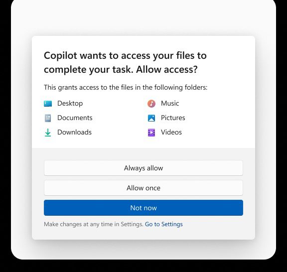 پنجره درخواست دسترسی Copilot به پوشه‌های شخصی کاربر مانند Desktop و Documents.