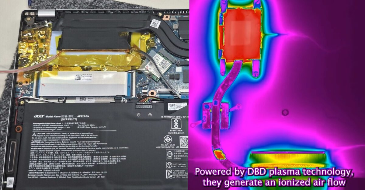 تصویر مقایسه‌ای بین سخت‌افزار لپ‌تاپ و نقشه حرارتی (Thermal Map) جریان هوای یونیزه شده.