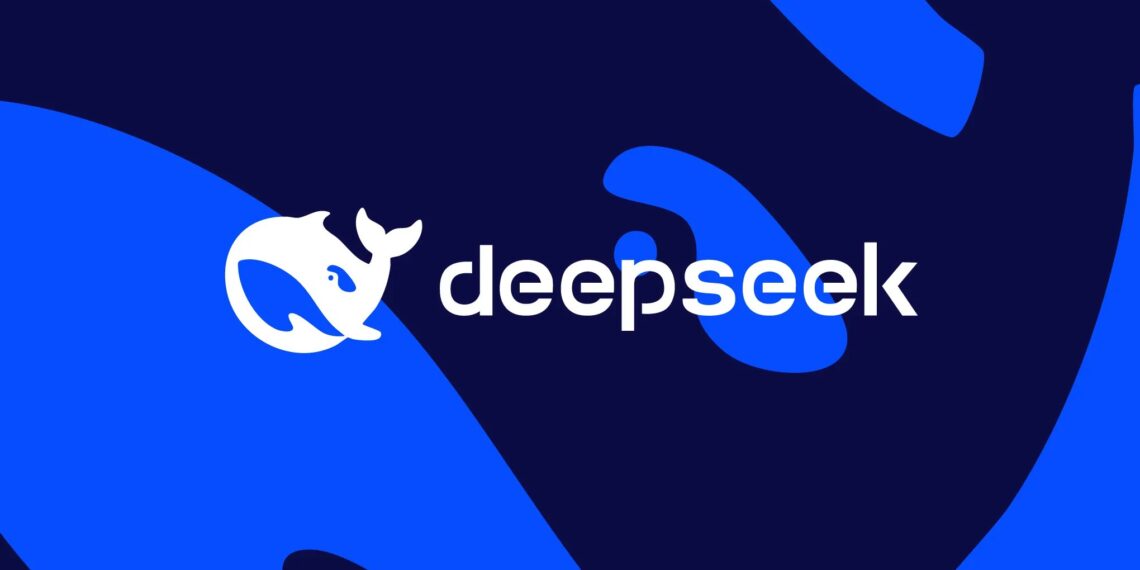 لوگوی رسمی شرکت DeepSeek شامل نماد یک وال سفید در یک دایره و نام برند با رنگ سفید در پس‌زمینه آبی تیره.