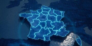 نقشه سه‌بعدی و دیجیتال کشور فرانسه با خطوط درخشان آبی بر روی پس‌زمینه تیره.