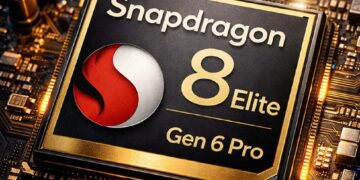 تصویر گرافیکی از پردازنده اسنپدراگون ۸ الیت نسل ۶ پرو (Snapdragon 8 Elite Gen 6 Pro) بر روی برد الکترونیکی.