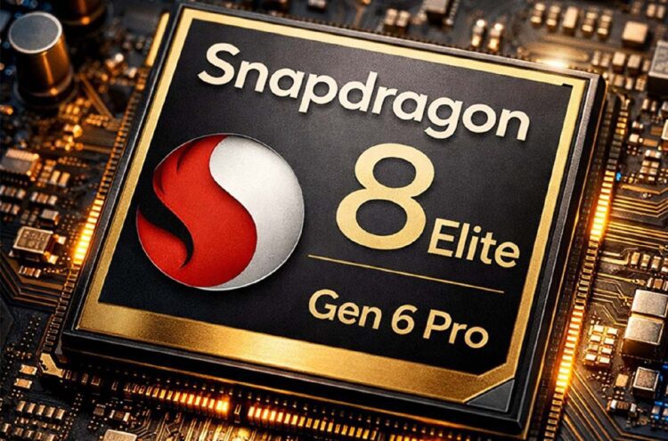 تصویر گرافیکی از پردازنده اسنپدراگون ۸ الیت نسل ۶ پرو (Snapdragon 8 Elite Gen 6 Pro) بر روی برد الکترونیکی.
