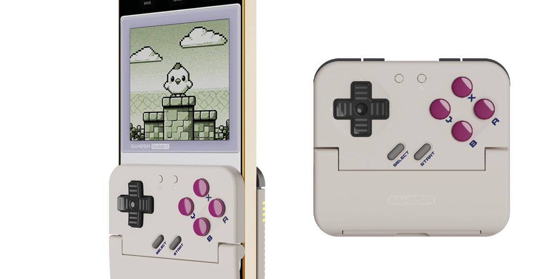 تصویر ترکیبی از کنترلر GameSir Pocket 1 Vertical در حالت باز و بسته؛ نمایش پشتیبانی از گوشی عمودی، صفحه‌نمایش با بازی پیکسلی و طراحی تاشو مناسب گیمینگ موبایل