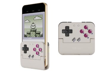 تصویر ترکیبی از کنترلر GameSir Pocket 1 Vertical در حالت باز و بسته؛ نمایش پشتیبانی از گوشی عمودی، صفحه‌نمایش با بازی پیکسلی و طراحی تاشو مناسب گیمینگ موبایل