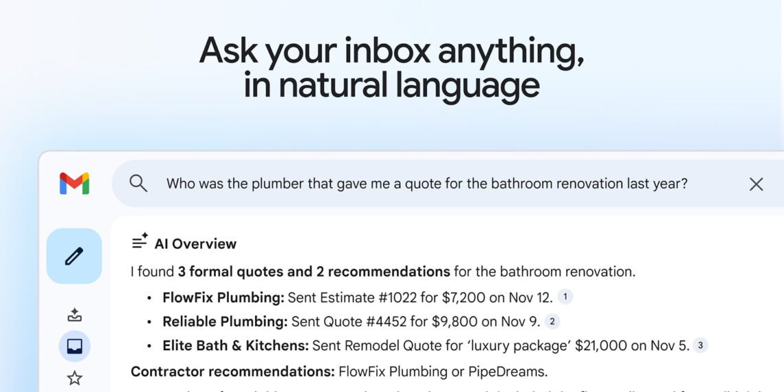 نمای رابط کاربری Gmail با قابلیت AI Overview که جستجوی زبان طبیعی در صندوق ورودی را نمایش می‌دهد؛ پرسش متنی درباره دریافت قیمت بازسازی حمام در نوار جستجو وارد شده و خلاصه هوشمند شامل تعداد پیشنهادها، نام شرکت‌ها، شماره پیش‌فاکتور، مبالغ دلاری و تاریخ ارسال ایمیل‌ها به‌صورت ساختاریافته نمایش داده شده است.