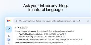 نمای رابط کاربری Gmail با قابلیت AI Overview که جستجوی زبان طبیعی در صندوق ورودی را نمایش میدهد؛ پرسش متنی درباره دریافت قیمت بازسازی حمام در نوار جستجو وارد شده و خلاصه هوشمند شامل تعداد پیشنهادها، نام شرکتها، شماره پیشفاکتور، مبالغ دلاری و تاریخ ارسال ایمیلها بهصورت ساختاریافته نمایش داده شده است.