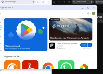 پیش‌نمایشی از محیط فروشگاه گوگل پلی (Google Play Store) که به صورت یک پنجره شناور در محیط دسکتاپ سیستم‌عامل باز شده است.