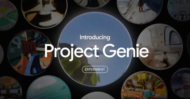 پوستر معرفی "Project Genie" گوگل با تصاویر کروی شکل از دنیاهای مجازی مختلف.