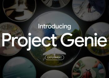 گرافیک معرفی Project Genie از Google Experiments با عنوان «Introducing Project Genie». تصویر شامل مجموعه‌ای از کره‌های بصری (spherical thumbnails) است که محیط‌های سه‌بعدی، مناظر طبیعی، فضاهای داخلی و صحنه‌های شبیه‌سازی‌شده را نمایش می‌دهند. تمرکز تصویر بر مفهوم World Sketching و تولید محیط‌های تعاملی است.