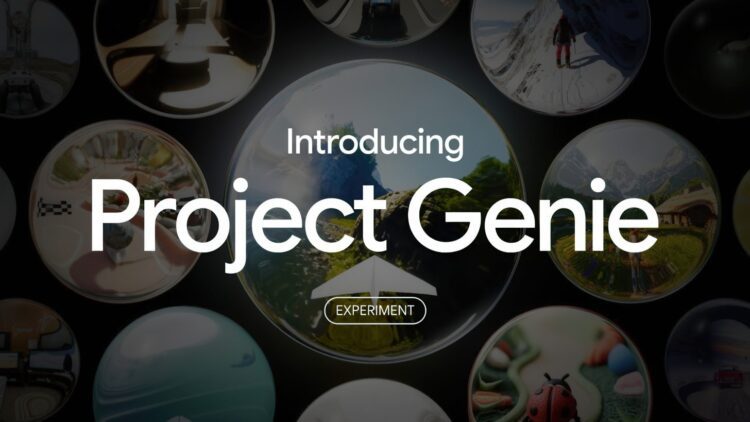 گرافیک معرفی Project Genie از Google Experiments با عنوان «Introducing Project Genie». تصویر شامل مجموعهای از کرههای بصری (spherical thumbnails) است که محیطهای سهبعدی، مناظر طبیعی، فضاهای داخلی و صحنههای شبیهسازیشده را نمایش میدهند. تمرکز تصویر بر مفهوم World Sketching و تولید محیطهای تعاملی است.