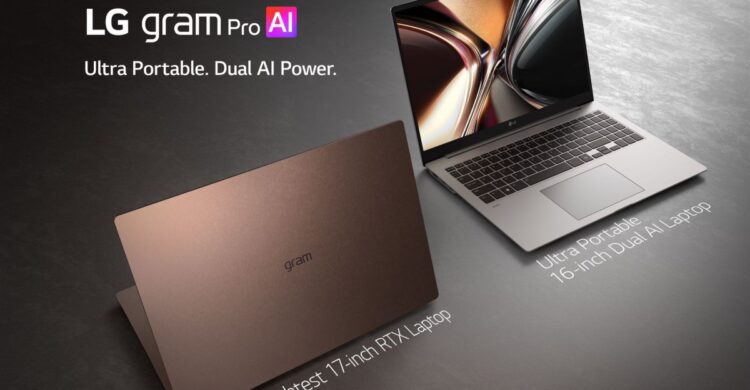 نمای تبلیغاتی دو لپ‌تاپ LG Gram Pro AI در رنگ‌های تیره و مسی که ویژگی "Dual AI Power" را نشان می‌دهد.