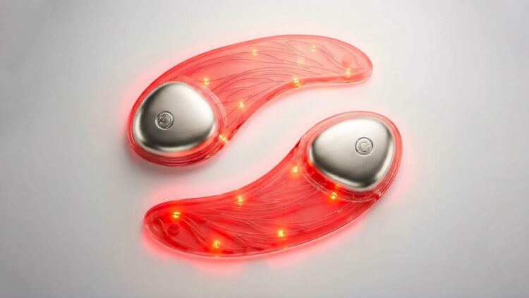 نمای نزدیک از دو پد ماسک LED انعطافپذیر لورئال که نور قرمز درمانی ساطع میکنند.