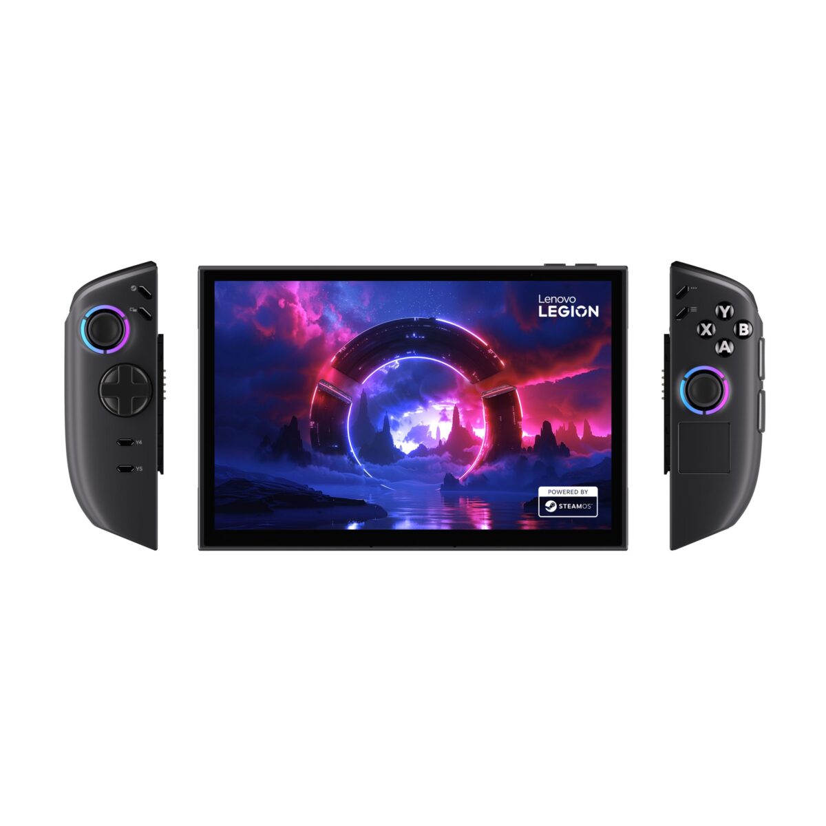 اجزای جدا شده کنسول Legion Go 2 شامل صفحه نمایش و دستههای کناری.