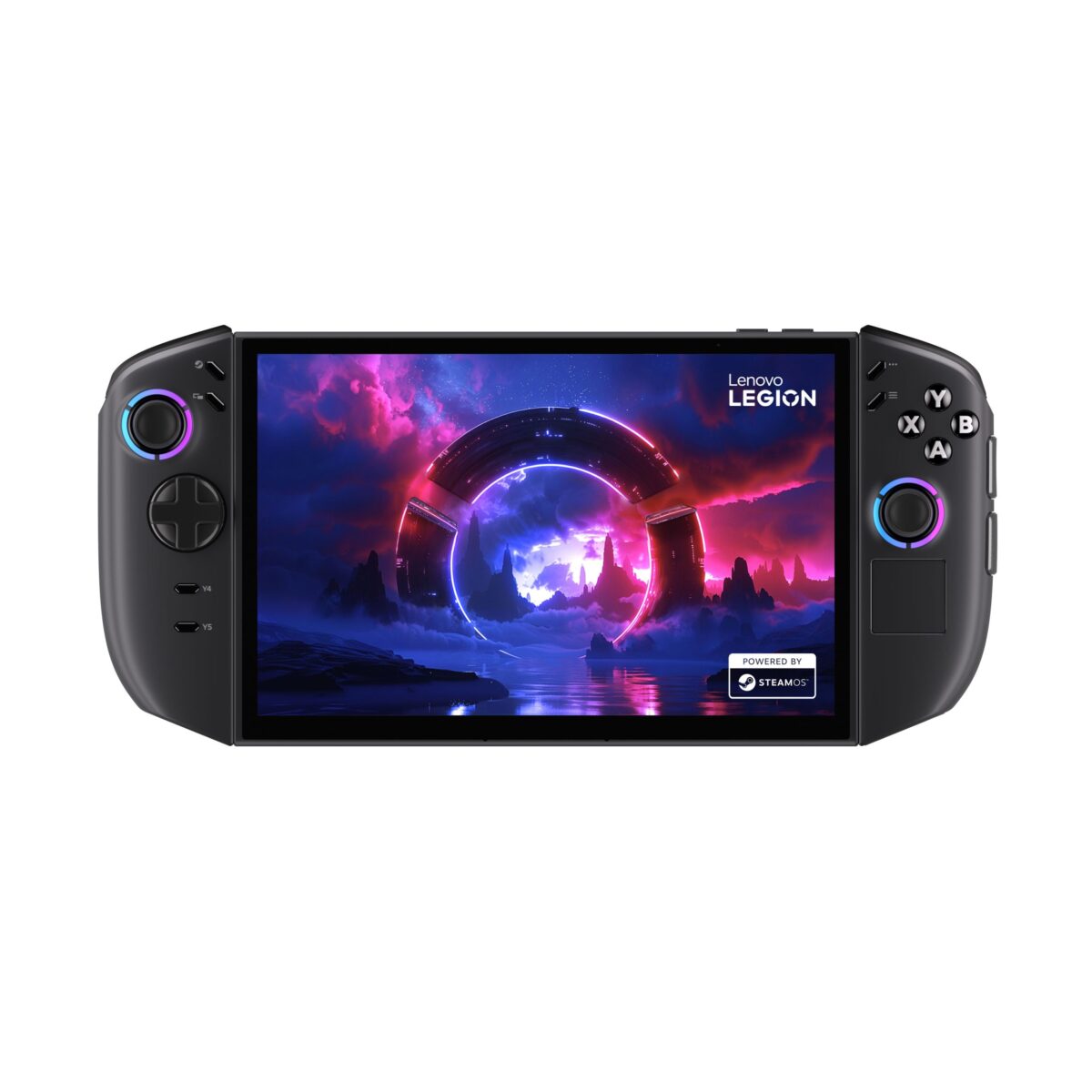 کنسول دستی Lenovo Legion Go 2 با پسزمینه بنفش و لوگوی SteamOS.