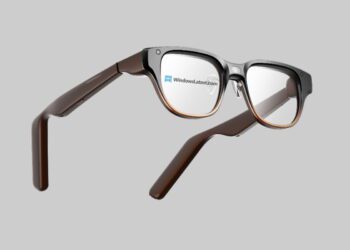 نمای مفهومی عینک هوشمند Lenovo AI Glasses با فریم تیره و دسته‌های ضخیم، نمایش اجزای الکترونیکی داخلی در بازوها و طراحی سبک عینک طبی روی پس‌زمینه خنثی