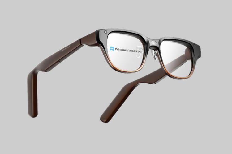 نمای مفهومی عینک هوشمند Lenovo AI Glasses با فریم تیره و دستههای ضخیم، نمایش اجزای الکترونیکی داخلی در بازوها و طراحی سبک عینک طبی روی پسزمینه خنثی